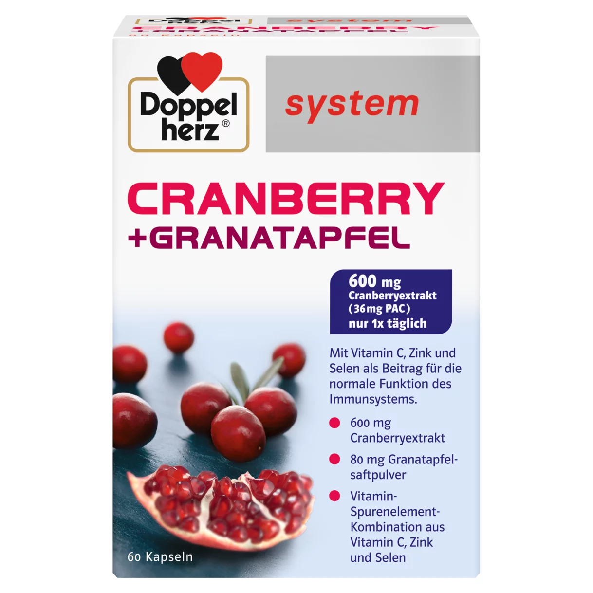 Abbildung der Produktverpackung Doppelherz system CRANBERRY + GRANATAPFEL Frontansicht